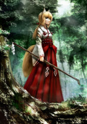 Rule 34 | 1girl, absurdres, akira (mydictionary), animal ears, blonde hair, blue eyes, forest, fox ears, fox girl, fox tail, gohei, hair ribbon, hakama, hakama skirt, highres, holding, japanese clothes, long hair, long sleeves, looking to the side, miko, nature, original, outdoors, ponytail, red hakama, red ribbon, ribbon, ribbon-trimmed sleeves, ribbon trim, shide, skirt, solo, standing, tail, wide sleeves