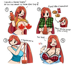 Rule 34 | 1girl, absurdres, black eyes, blue tank top, bra, breasts, censored, censored nipples, chibi, chibi inset, chips (food), cleavage, clothes lift, commentary, drying, drying hair, english commentary, english text, fanning face, flashing, food, green shirt, hair over one eye, highres, hot, juliette (murgoten), large breasts, leaf, long hair, looking at viewer, maple leaf, maple syrup, mole, mole on neck, mole on stomach, multiple moles, murgoten, naughty face, navel, no bra, novelty censor, one eye closed, orange hair, original, plaid, plaid bra, plaid shirt, red bra, shirt, shirt lift, solid oval eyes, solo, sweat, tank top, underwear, very long hair, vomiting