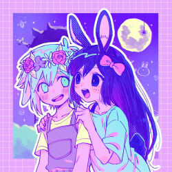 Rule 34 | 1boy, 1girl, :d, animal ears, aubrey (headspace) (omori), aubrey (omori), basil (headspace) (omori), basil (omori), black eyes, blush, border, bow, cloud, collarbone, dress, ears down, eyelashes, flower, flower wreath, full moon, gem (symbol), green dress, green eyes, green hair, hair between eyes, hair bow, hands on another&#039;s shoulders, hands up, head wreath, leaf, long hair, looking at another, moon, night, night sky, omori, open mouth, outline, outside border, overalls, pink bow, purple border, purple flower, purple hair, rabbit, rabbit ears, rabbit girl, rabbit tail, raised eyebrows, red flower, satellite, shirt, short hair, short sleeves, sidelocks, sky, smile, t-shirt, tail, teeth, toastytoast, upper body, upper teeth only, white outline, yellow shirt
