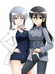 Rule 34 | 2girls, asymmetrical docking, aurora e. juutilainen, black eyes, black hair, black legwear, breast press, breasts, clothes lift, cosplay, costume switch, cowboy shot, crotch seam, grey eyes, grey legwear, hand on own hip, isosceles triangle (xyzxyzxyz), kitagou fumika, long hair, looking at viewer, military, military uniform, multiple girls, one-piece swimsuit, open clothes, open shirt, pantyhose, pouch, school swimsuit, shirt, shirt lift, silver hair, simple background, smile, strike witches, strike witches: aurora no majo, strike witches zero, swimsuit, symmetrical docking, uniform, white background, world witches series
