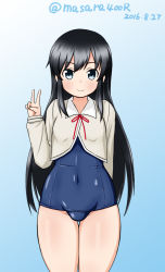 Rule 34 | 10s, 1girl, 2016, adapted costume, asashio (kancolle), black hair, blue background, blue eyes, dated, eyebrows, gradient background, jacket, kantai collection, long hair, long sleeves, looking at viewer, masara (chuujou), navel, neck ribbon, old school swimsuit, one-piece swimsuit, red ribbon, ribbon, school swimsuit, school uniform, simple background, smile, solo, swimsuit, swimsuit under clothes, twitter username, v