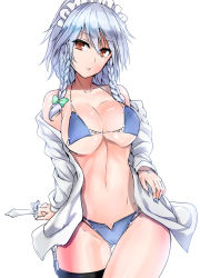 Rule 34 | 1girl, alternate costume, bare shoulders, bikini, black thighhighs, blue bikini, blue nails, bow, braid, breasts, brown eyes, cleavage, collarbone, commentary request, cowboy shot, green bow, hair between eyes, hair bow, highres, izayoi sakuya, large breasts, long hair, long sleeves, looking at viewer, maid headdress, nail polish, navel, off shoulder, open clothes, open shirt, parted lips, shirt, silver hair, single thighhigh, solo, stomach, swimsuit, thighhighs, touhou, twin braids, underboob, white shirt, y2