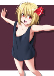 Rule 34 | 1girl, alternate costume, armpit peek, bare arms, bare legs, bare shoulders, black tank top, blonde hair, breasts, collarbone, commentary request, fangs, hair between eyes, hair ribbon, highres, long hair, looking at viewer, no bra, nori tamago, open mouth, outstretched arms, oversized clothes, red background, red eyes, red ribbon, ribbon, rumia, see-through silhouette, small breasts, smile, solo, tank top, touhou, two-tone background, white background