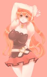 Rule 34 | 10s, 1girl, belt, belt buckle, blackzizi, breasts, brown eyes, buckle, choker, cleavage, collarbone, female focus, heart, heart necklace, highres, jewelry, large breasts, long hair, looking at viewer, muginami, necklace, orange hair, pink skirt, pleated skirt, rinne no lagrange, saitou nekoichi, shrug (clothing), simple background, skirt, smile, solo, thigh gap, thighs