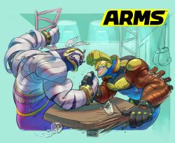 Rule 34 | 2boys, aqua background, arm wrestling, arms (game), biceps, black gloves, bodysuit, boxing gloves, clenched teeth, gloves, grin, helmet, highres, logo, master mummy (arms), max brass, monster boy, multiple boys, mummy, nintendo, no pupils, official art, simple background, smile, table, teeth, wrestling outfit, yamamoto yuu