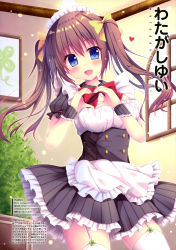 Rule 34 | 1girl, :d, absurdres, apron, artist name, black dress, blue eyes, blush, body blush, bow, bowtie, breasts, brown hair, cleavage, cleavage cutout, clothing cutout, dress, frilled apron, frills, hair bow, heart, heart hands, highres, indoors, looking at viewer, magazine request, magazine scan, maid headdress, medium breasts, open mouth, original, pixiv username, plant, red bow, red bowtie, scan, smile, solo, striped, thighhighs, translation request, twintails, twitter username, underbust, vertical stripes, waist apron, watagashi yui, watermark, web address, white apron, white thighhighs, window, wrist cuffs, yellow bow