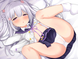 Rule 34 | 1girl, ass, bed sheet, black sailor collar, black skirt, blush, breasts, cameltoe, character request, clothes lift, commentary request, flower, hair flower, hair ornament, half-closed eyes, long hair, looking at viewer, m legs, maccha, neck ribbon, nipples, no shoes, onsen musume, open clothes, open shirt, panties, parted lips, pillow, pink flower, pleated skirt, purple eyes, purple ribbon, ribbon, sailor collar, shide, shirt, silver hair, skirt, skirt lift, small breasts, socks, solo, spread legs, two side up, underwear, white panties, white shirt, white socks