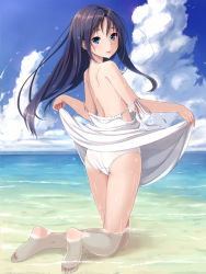 Rule 34 | 1girl, ass, back, bare back, barefoot, beach, black hair, blue eyes, clothes lift, cloud, day, dress, dress lift, feet, from behind, full body, highres, kimagure blue, kneeling, long hair, looking at viewer, looking back, original, outdoors, panties, pantyshot, parted lips, partially submerged, revision, see-through, sky, soles, solo, sundress, toes, underwear, water, wet, wet clothes, wet hair, white dress, white panties