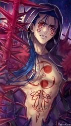 Rule 34 | 1boy, bare pectorals, blue hair, chest tattoo, cu chulainn (fate), cu chulainn (fate) (all), cu chulainn (fate/stay night), cu chulainn alter (fate), cu chulainn alter (fate/grand order), earrings, facial mark, fate/grand order, fate (series), gae bolg (fate), gloves, hagino kouta, hair strand, jewelry, lancer, long hair, looking at viewer, male focus, pectorals, ponytail, purple gloves, red eyes, signature, solo, spikes, tattoo, upper body