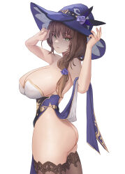 Rule 34 | 1girl, absurdres, ass, bare arms, bare shoulders, bottomless, breasts, brown hair, brown thighhighs, cleavage, closed mouth, commentary, dot nose, dress, english commentary, expressionless, flower, genshin impact, gold trim, green eyes, hands up, hat, highres, huge breasts, lace, lace-trimmed legwear, lace trim, large hat, lisa (genshin impact), long hair, looking at viewer, ningzi (hentai senpai), purple dress, purple flower, purple rose, rose, sagging breasts, shadow, simple background, solo, thighhighs, white background, witch hat