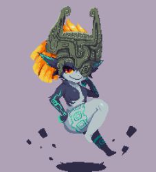 Rule 34 | 1girl, blue skin, colored sclera, colored skin, floating, helmet, looking at viewer, midna, minimilieu, orange hair, pixel art, pointy ears, red eyes, shadow, slit pupils, smile, smug, solo, yellow sclera