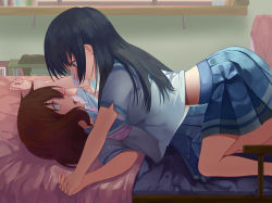 Rule 34 | 10s, 2girls, aicky, all fours, assertive female, bed, bedroom, black hair, blouse, blue skirt, brown eyes, brown hair, eye contact, from side, girl on top, hibike! euphonium, holding another&#039;s wrist, holding hands, indoors, interlocked fingers, kousaka reina, long hair, looking at another, lying, midriff, multiple girls, neckerchief, on back, on bed, open mouth, oumae kumiko, pink neckerchief, pinned, pleated skirt, profile, purple eyes, school uniform, serafuku, shelf, shirt, short hair, skirt, straddling, surprised, white shirt, yuri
