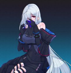 Rule 34 | 1girl, arknights, ascot, bare shoulders, black ascot, black gloves, black pants, blue background, breasts, clothing cutout, commentary request, gloves, gradient background, grey hair, hands up, highres, large breasts, leggings, long hair, looking at viewer, no headwear, pants, red eyes, sitting, skadi (arknights), skadi (elite ii) (arknights), solo, thigh cutout, thighs, tsume3mai, very long hair