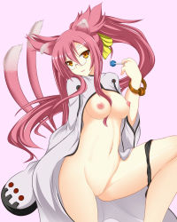 Rule 34 | 1girl, animal ears, arc system works, bad id, bad pixiv id, blazblue, bracelet, breasts, candy, cat ears, cat tail, food, glasses, highres, jewelry, kokonoe (blazblue), large breasts, lollipop, multiple tails, nagamon (nagamonian), navel, nipples, open clothes, open shirt, orange eyes, panties, panties around leg, parted lips, pince-nez, pink hair, ponytail, pussy, shirt, solo, tail, uncensored, underwear
