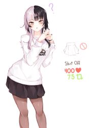 Rule 34 | 1girl, ?, alternate costume, black hair, black skirt, breasts, casual, chestnut mouth, commentary, cowboy shot, english commentary, english text, hand up, highres, hololive, hololive english, like and retweet, long sleeves, looking at viewer, ma draws, medium breasts, meme, multicolored hair, own hands together, pantyhose, pleated skirt, shiori novella, simple background, skirt, solo, split-color hair, steepled fingers, sweater, twitter strip game (meme), two-tone hair, virtual youtuber, white background, white hair, white sweater, yellow eyes