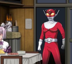 Rule 34 | 10s, 1girl, bottle, bow, bowtie, chair, collared shirt, commentary request, company connection, crossover, food, gridman universe, highres, indoors, jacket, light purple hair, maneki-neko, off shoulder, out of frame, plate, purple bow, purple jacket, purple neckwear, redman, redman (character), shinjou akane, shirt, short hair, sitting, ssss.gridman, table, tk8d32, tsuburaya productions, white shirt