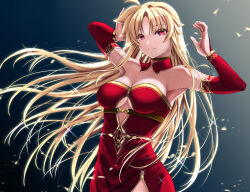 Rule 34 | 1girl, blonde hair, blush, breasts, cleavage, closed mouth, dress, fate testarossa, large breasts, long hair, looking at viewer, lyrical nanoha, mahou shoujo lyrical nanoha strikers, red dress, red eyes, simple background, smile, solo, sougetsu izuki, underboob, upper body