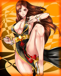 Rule 34 | &gt;:), 1girl, absurdres, alternate costume, bare legs, black dress, bracelet, braid, breasts, brown eyes, brown hair, capcom, china dress, chinese clothes, chun-li, closed mouth, collarbone, cowboy shot, curvy, dress, female focus, fighting stance, highres, jewelry, kisaragi tsurugi, large breasts, leg up, long hair, looking at viewer, pelvic curtain, sideboob, smile, solo, spiked bracelet, spikes, standing, standing on one leg, street fighter, street fighter v, thighs, twin braids, v-shaped eyebrows