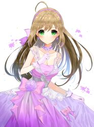Rule 34 | ahoge, breasts, brown hair, choker, dress, earrings, flower, gloves, green eyes, hairband, idolmaster, idolmaster cinderella girls, idolmaster cinderella girls starlight stage, jewelry, looking at viewer, magonuri, medium breasts, pink dress, sato shin, skirt hold, smile, solo, white choker, white gloves
