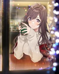 Rule 34 | 1girl, blush, breasts, brown eyes, brown hair, coffee cup, cup, disposable cup, hamu (plot sy), highres, idolmaster, idolmaster shiny colors, large breasts, long hair, looking at viewer, sitting, smile, solo, sweater, swept bangs, table, tsukioka kogane, turtleneck, turtleneck sweater, white sweater, window