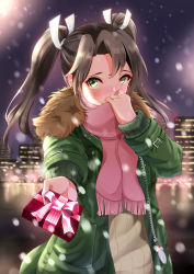 Rule 34 | 1girl, absurdres, alternate costume, blush, box, breast pocket, brown hair, brown sweater, bulge, cityscape, coat, fringe trim, fur-trimmed coat, fur trim, gift, gift box, green coat, green eyes, hair ribbon, heart, heart in eye, highres, holding, holding box, holding gift, kantai collection, long sleeves, looking at viewer, motion blur, night, night sky, nose blush, open clothes, open coat, outdoors, outstretched arm, pink ribbon, pink scarf, pocket, pov, ribbon, sakurahuji-iro, scarf, scarf over mouth, sky, snowing, solo, striped, sweater, symbol in eye, valentine, vertical stripes, white ribbon, winter, zuikaku (kancolle)