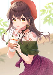 Rule 34 | 1girl, :d, beret, black ribbon, blurry, blurry background, blush, brown eyes, brown hair, brown skirt, coffee cup, commentary request, cup, depth of field, disposable cup, earrings, floral print, gyozanuko, hair between eyes, hat, highres, holding, holding cup, jewelry, leaning forward, long hair, looking at viewer, neck ribbon, open mouth, original, print skirt, red hat, ribbon, short sleeves, skirt, smile, solo, steam, watch, wristwatch