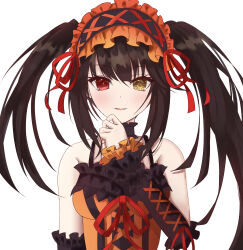 Rule 34 | 1girl, absurdres, bare shoulders, black hair, breasts, cleavage, clock eyes, date a live, date a live: date a bullet, dress, gothic lolita, hairband, heterochromia, highres, lolita fashion, lolita hairband, long hair, looking at viewer, medium breasts, open mouth, red eyes, ribbon, roman numeral, smile, solo, symbol-shaped pupils, tokisaki kurumi, tti tti, twintails, uneven twintails, white background, yellow eyes