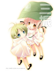 Rule 34 | 00s, 2girls, antenna hair, binzume yousei, blonde hair, blue eyes, brown eyes, dress, from above, leaf umbrella, looking at viewer, looking up, mary janes, multiple girls, pink hair, shoes, short hair, simple background, standing, tokumi yuiko, umbrella, white background, white dress