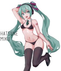 Rule 34 | 1girl, arm up, bad id, bad pixiv id, bikini, black bikini, black footwear, black thighhighs, cancell, character name, collar, fang, green eyes, green hair, hair ornament, hatsune miku, headphones, high heels, long hair, navel, necktie, open mouth, shoes, simple background, solo, swimsuit, tattoo, thighhighs, twintails, very long hair, vocaloid, white background