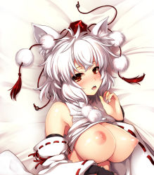 Rule 34 | 1girl, animal ears, bare shoulders, blush, breasts, breasts out, detached sleeves, hat, highres, inubashiri momiji, large breasts, looking at viewer, lying, nipples, on side, open mouth, ouma tokiichi, pom pom (clothes), puffy nipples, red eyes, ribbon-trimmed sleeves, ribbon trim, short hair, silver hair, solo, tokin hat, touhou, upper body, wolf ears