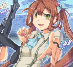 Rule 34 | 10s, 3girls, armadillo-tokage, asagumo (kancolle), ascot, bad id, bad pixiv id, black legwear, blurry, blush, bow, brown hair, character name, collared shirt, depth of field, gloves, green eyes, hair bow, hand on leg, highres, kantai collection, long hair, multiple girls, nowaki (kancolle), open mouth, outline, pointing, prinz eugen (kancolle), shirt, short sleeves, solo focus, suspenders, thighhighs, twintails, uneven eyes, white gloves