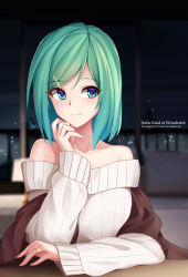 Rule 34 | 1girl, absurdres, arnold-s, bare shoulders, blue eyes, blush, closed mouth, collarbone, green hair, highres, jewelry, long sleeves, looking at viewer, off shoulder, original, ornate ring, ring, short hair, sitting, smile, solo, sweater