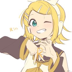 Rule 34 | 1girl, aqua eyes, bare shoulders, black collar, blonde hair, bow, character name, collar, commentary, gesture, grin, hair bow, hair ornament, hairclip, headphones, highres, kagamine rin, letter, looking at viewer, m0ti, nail polish, neckerchief, one eye closed, sailor collar, school uniform, shirt, short hair, sketch, sleeveless, sleeveless shirt, smile, solo, swept bangs, twitter username, upper body, vocaloid, white background, white bow, white shirt, yellow nails, yellow neckerchief