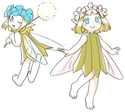 Rule 34 | 2others, ;d, bare arms, bare legs, bare shoulders, barefoot, blonde hair, blue flower, bob cut, closed mouth, commentary, dandelion, dress, dungeon meshi, fairy, fairy (dungeon meshi), fairy wings, flower, flower wreath, head wreath, holding, leaning forward, looking at viewer, looking back, multiple others, one eye closed, open mouth, pink flower, pointy ears, short hair, simple background, sleeveless, sleeveless dress, smile, standing, standing on one leg, symbol-only commentary, uh 5yj, white background, wings