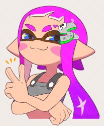 Rule 34 | 1girl, :3, armor, artist name, bare shoulders, blue eyes, blush stickers, breastplate, clenched hand, closed mouth, commission, cropped torso, crossed arms, eyebrow cut, grey background, hair ornament, hairclip, half-closed eyes, highres, inkling, inkling girl, inkling player character, long hair, looking to the side, midriff, naoki (oosuko), nintendo, notice lines, pink hair, pointy ears, smug, solo, splatoon (series), tentacle hair, thick eyebrows, twintails, v, v-shaped eyebrows, watermark