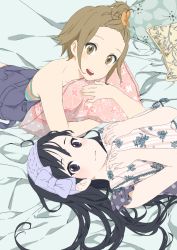 Rule 34 | 2girls, akiyama mio, alternate costume, bare shoulders, bed, black eyes, black hair, bow, brown eyes, brown hair, butterfly hair ornament, casual, denim, hair ornament, hairclip, headdress, k-on!, kishida nica, long hair, looking at viewer, lying, multiple girls, hugging object, on back, on bed, on stomach, open mouth, pillow, pillow hug, polka dot, round teeth, shirt, short hair, sleeveless, sleeveless shirt, tainaka ritsu, teeth, topknot