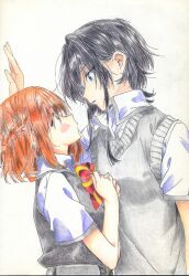 Rule 34 | 2girls, asanagi yori, black dress, black hair, blue eyes, blush, bow, bowtie, brown eyes, brown hair, closed mouth, collared shirt, colored pencil (medium), commentary, dress, eye contact, grey sweater vest, half updo, hands up, hashtag-only commentary, height difference, highres, kabedon, kino himari, looking at another, medium hair, multiple girls, own hands together, pinafore dress, red bow, red bowtie, ritsu tainaka, sasayaku you ni koi wo utau, school uniform, shirt, short hair, short sleeves, sidelocks, sleeveless, sleeveless dress, sweater vest, traditional media, upper body, white background, white shirt, yuri