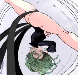 Rule 34 | 1girl, artist name, ass, black dress, closed mouth, dress, feet out of frame, female focus, green eyes, kneepits, long sleeves, looking at viewer, one-punch man, short hair, solo, sooperman, split, tatsumaki, thighs, upside-down