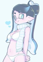 Rule 34 | + +, 1girl, bikini, black hair, blue eyes, blue hair, blush, breasts, callie (splatoon), cephalopod eyes, cleavage, cross-shaped pupils, earrings, heart, highres, jewelry, long hair, looking at viewer, medium breasts, mole, mole under eye, multicolored hair, nintendo, pointy ears, scarf, smile, splatoon (series), squid girl, striped clothes, striped scarf, swimsuit, symbol-shaped pupils, tentacle hair, tentacles, twintails, underboob, whichdoll, white background, white bikini, white scarf