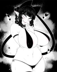 Rule 34 | 1girl, animal ears, areola slip, arm between breasts, between breasts, bikini, blunt bangs, bow, braid, breasts, cat ears, cat girl, cat tail, cleavage, commentary, cowboy shot, curvy, extra ears, groin, hair bow, haseru (ginku mh), heart, huge breasts, kaenbyou rin, limited palette, looking at viewer, multiple tails, navel, nekomata, open mouth, pointy ears, side braid, sidelocks, smile, solo, swimsuit, symbol-only commentary, tail, thighhighs, tongue, tongue out, touhou, two tails