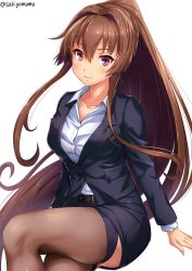 Rule 34 | 10s, 1girl, alternate costume, belt, blouse, blue jacket, breasts, brown hair, buttons, collarbone, collared shirt, commentary request, crossed legs, dress shirt, eyebrows, fingernails, formal, hair between eyes, hair intakes, jacket, kantai collection, long hair, long sleeves, looking at viewer, medium breasts, office lady, pencil skirt, pink eyes, ponytail, sakiyamama, shirt, simple background, sitting, skirt, skirt suit, smile, solo, suit, thighhighs, twitter username, very long hair, white background, white shirt, yamato (kancolle)