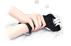 Rule 34 | 2girls, bed sheet, black gloves, clenched hand, close-up, commentary request, female admiral (kancolle), gloves, hand focus, holding another&#039;s wrist, kantai collection, multicolored clothes, multicolored gloves, multiple girls, richelieu (kancolle), simple background, sweat, trembling, white background, white gloves, yakuto007, yuri