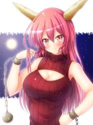 Rule 34 | 1girl, alternate costume, bare arms, bare shoulders, blush, breasts, chain, cleavage cutout, clothing cutout, commentary request, cuffs, hair between eyes, hand on own hip, highres, horns, ibaraki kasen, large breasts, long hair, looking at viewer, meme attire, open-chest sweater, osashin (osada), pink hair, red eyes, red sweater, ribbed sweater, ruffling hair, shackles, sleeveless, sleeveless sweater, smile, solo, sweater, touhou, turtleneck, turtleneck sweater, upper body