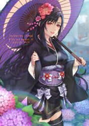 Rule 34 | 1girl, black hair, black kimono, black thighhighs, blurry, blurry background, bow, breasts, commentary, cowboy shot, dated, final fantasy, final fantasy vii, final fantasy vii remake, flower, hair flower, hair ornament, highres, holding, holding umbrella, japanese clothes, kimono, large breasts, light blush, long hair, long sleeves, looking at viewer, obi, official alternate costume, ohse, oil-paper umbrella, outdoors, parted lips, pink flower, pink nails, purple flower, rain, rainbow, red eyes, sash, short kimono, smile, solo, swept bangs, symbol-only commentary, thighhighs, tifa lockhart, tifa lockhart (exotic dress), twitter username, umbrella, wide sleeves, zettai ryouiki