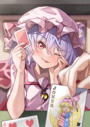 Rule 34 | 1girl, 1other, ;d, absurdres, blue hair, blurry, blush, brooch, card, character print, clownpiece, commentary, depth of field, elbows on table, fang, female pov, fingernails, frills, hair between eyes, hand on own face, hands up, happy, hat, head tilt, highres, holding, holding card, indoors, jewelry, joker (playing card), long fingernails, mahoro (minase mahoro), mob cap, nail polish, one eye closed, open mouth, pink hat, pink shirt, playing card, pov, red eyes, red nails, red ribbon, remilia scarlet, ribbon, shirt, smile, solo focus, touhou, tsurime, upper body, yellow gemstone