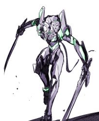 Rule 34 | absurdres, dual wielding, eva 01, highres, holding, holding sword, holding weapon, horns, ishiyumi, mecha, neon genesis evangelion, no humans, rebuild of evangelion, robot, science fiction, shadow, single horn, solo, sword, weapon, white background, yellow eyes