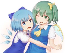 Rule 34 | 2girls, blue bow, blue eyes, blue hair, blush, bow, breasts, cirno, daiyousei, green eyes, green hair, hair bow, hair ribbon, hug, looking at another, minku (nico seiga), multiple girls, one eye closed, open mouth, red ribbon, ribbon, side ponytail, smile, touhou, wings
