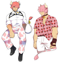 Rule 34 | 1boy, alternate costume, animal ears, animal print, arm hair, bara, beard, bell, belt collar, chest hair, chest harness, collar, cow boy, cow ears, cow horns, cow print, cow tail, cowbell, cropped legs, facial hair, food print, full body, hair over one eye, harness, horns, large pectorals, looking to the side, male focus, mature male, moosopp, muscular, muscular male, original, pants, partially unbuttoned, pectoral press, pectorals, pink hair, pink pants, pink shirt, print pants, print shirt, sal (moosopp), shirt, shoes, short hair, skindentation, sleeves rolled up, strawberry print, tail, thick eyebrows, tight clothes, tight shirt, white background, white pants