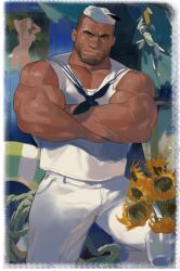 Rule 34 | 1boy, atcesolcyc, bara, bare arms, bare shoulders, biceps, bulge, crossed arms, feet out of frame, flower, hat, highres, looking at viewer, male focus, mature male, muscular, muscular male, pants, pectoral cleavage, pectorals, portrait (object), sailor, sailor collar, sailor hat, sailor shirt, shirt, sideburns, sleeveless, sleeveless shirt, solo, sunflower, thick thighs, thighs, veins, white pants