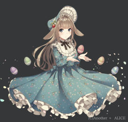 Rule 34 | 1girl, absurdres, animal ears, anotherxalice, blue dress, blunt bangs, bonnet, brown hair, copyright name, dress, easter, egg, floral print, food-themed hair ornament, full body, grey background, hair ornament, highres, lolita fashion, long hair, looking at viewer, nyasunyadoora, official art, rabbit ears, simple background, solo, strawberry hair ornament, very long hair